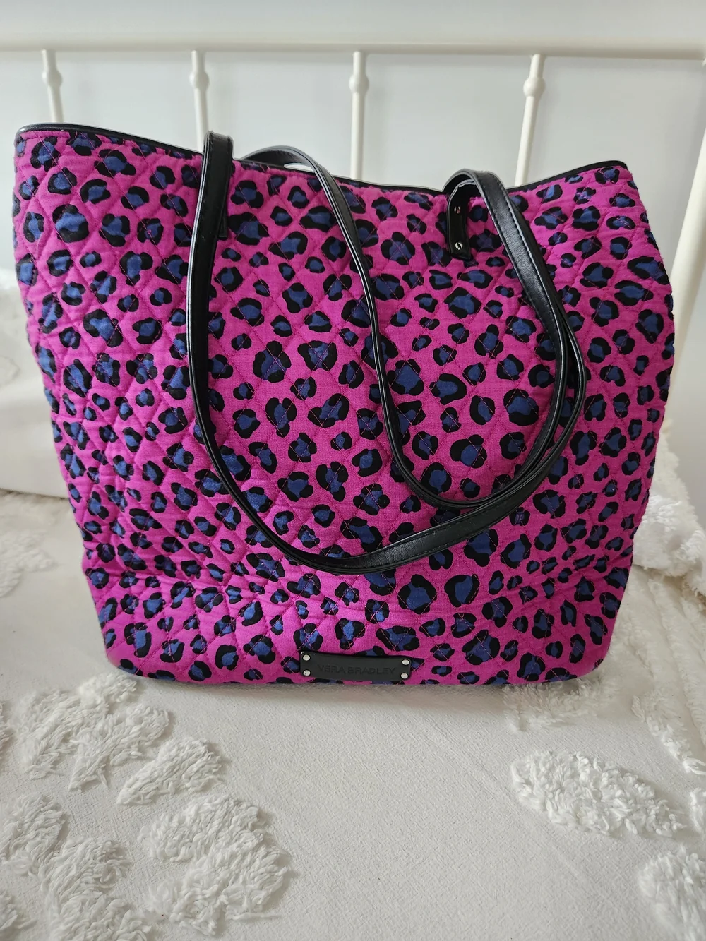 Vera Bradley Bright Pink Leopard Quilted Tote Bag with Black Trim